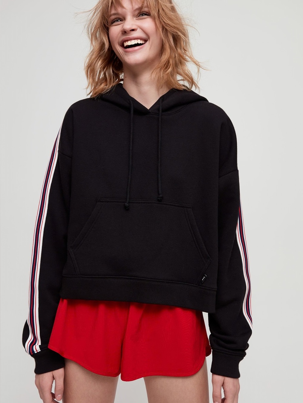 Tna Aritzia Black Cropped Hoodie Side Stripe Knit Tape - Size XS